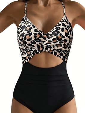 Leopard Print Twist Front Cutout One-Piece Tummy Control Swimsuit